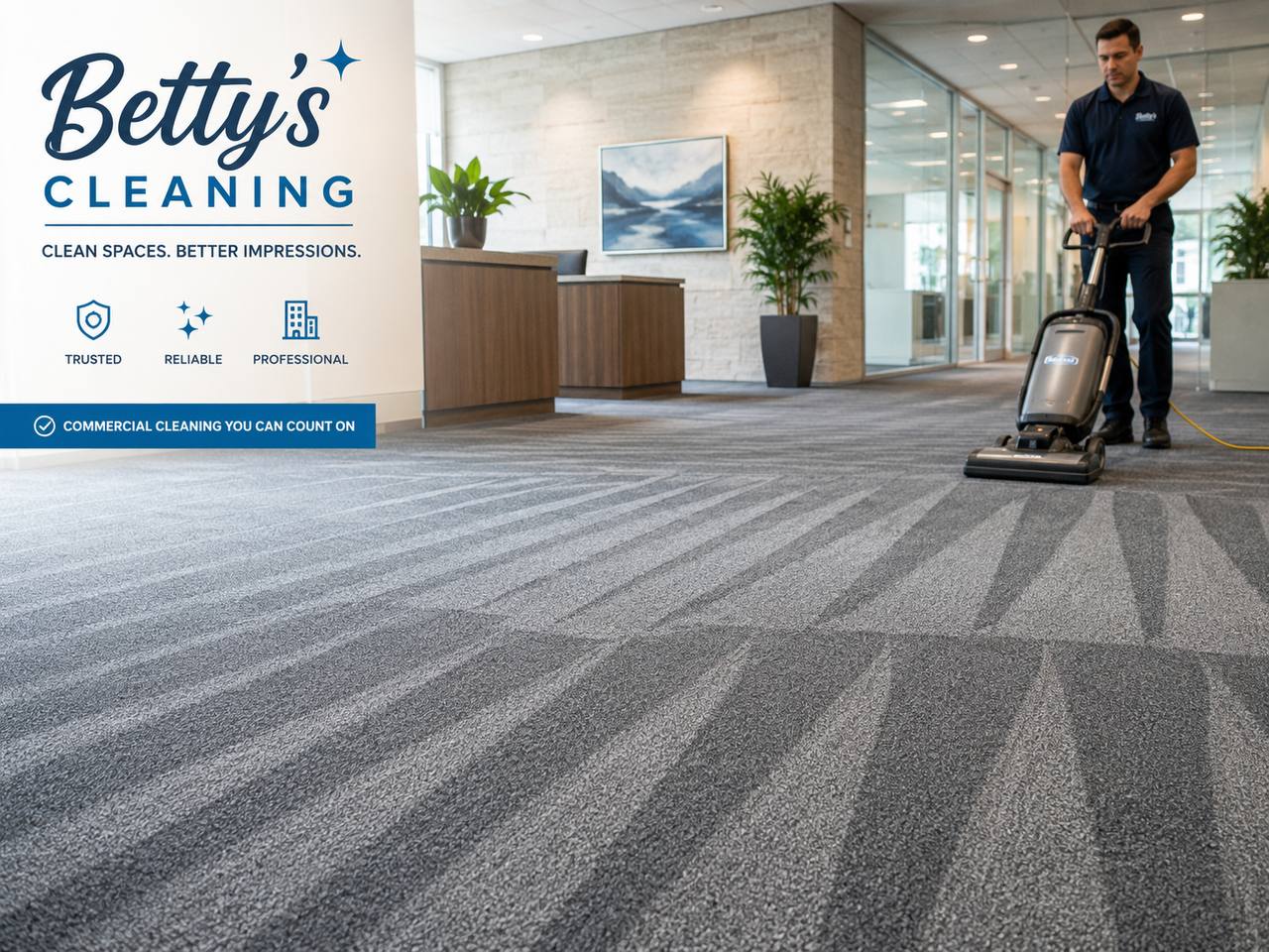 A commercial cleaner vacuuming a freshly cleaned office carpet