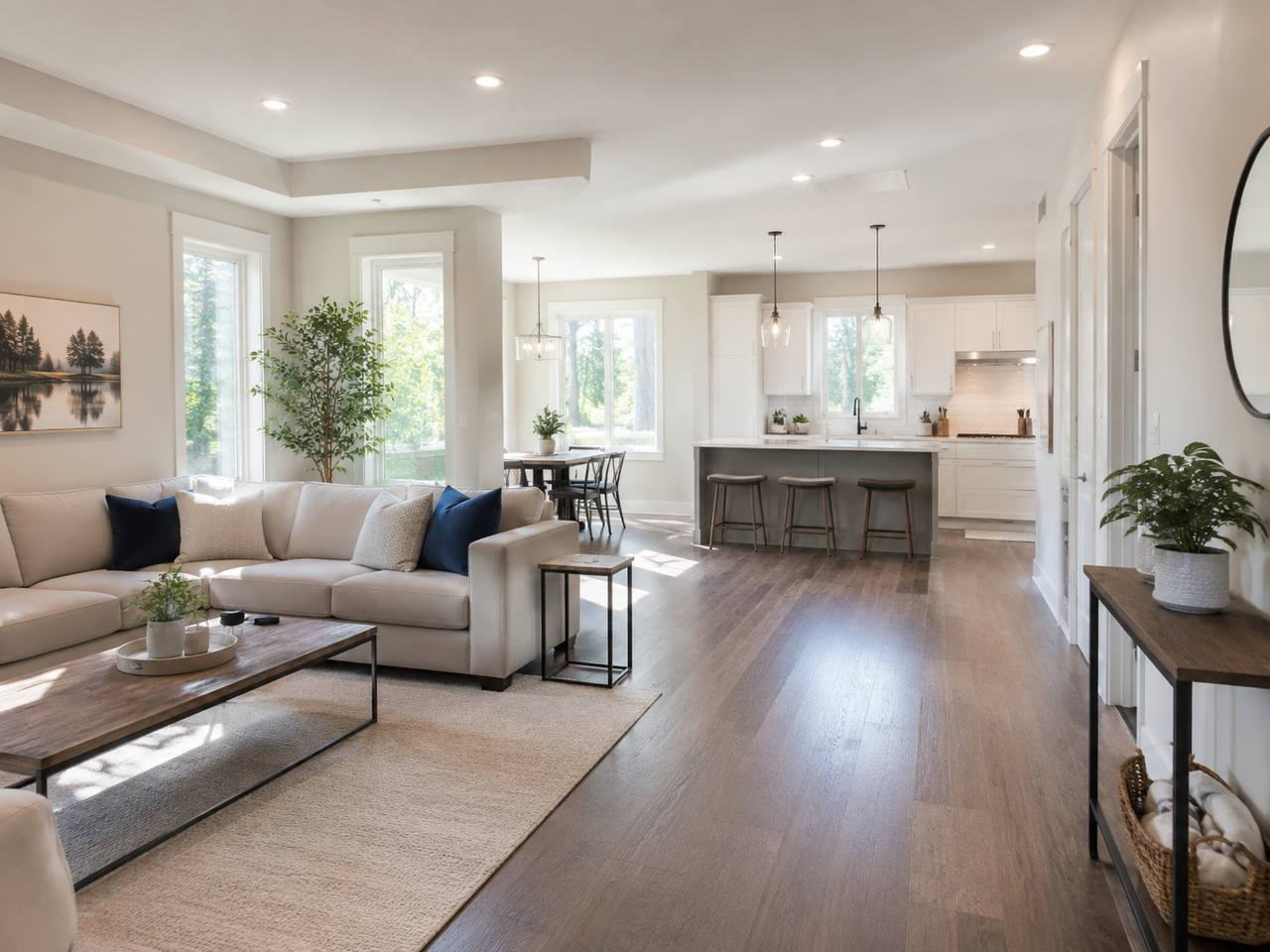 A clean, sunlit living room and open kitchen