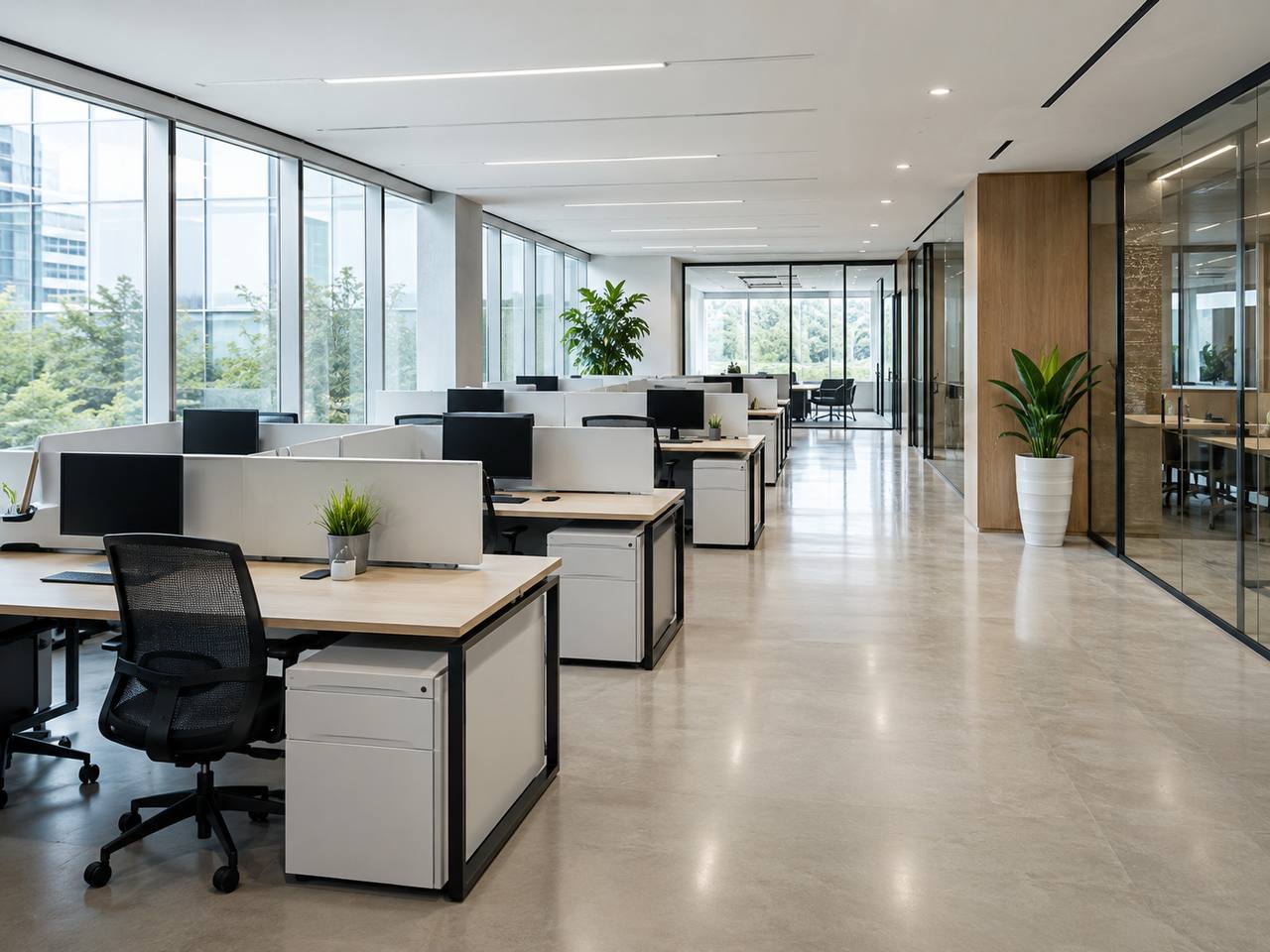 A bright open-plan office with clean floors and desks